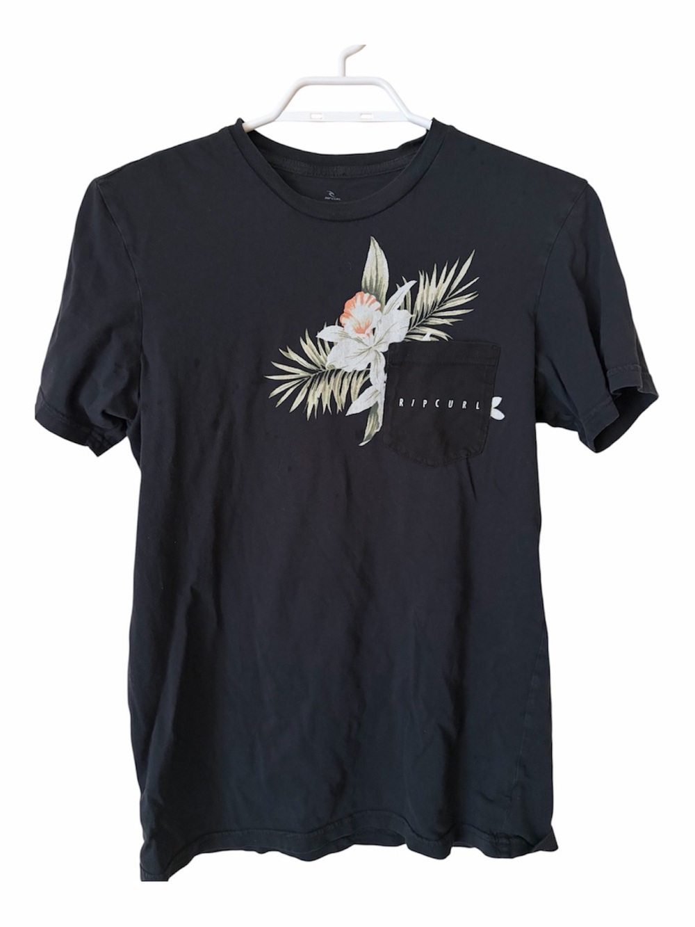 Rip Curl Floral Pocket T-Shirt Y2K Hawaiian Tropical Surf Graphic Black Tee